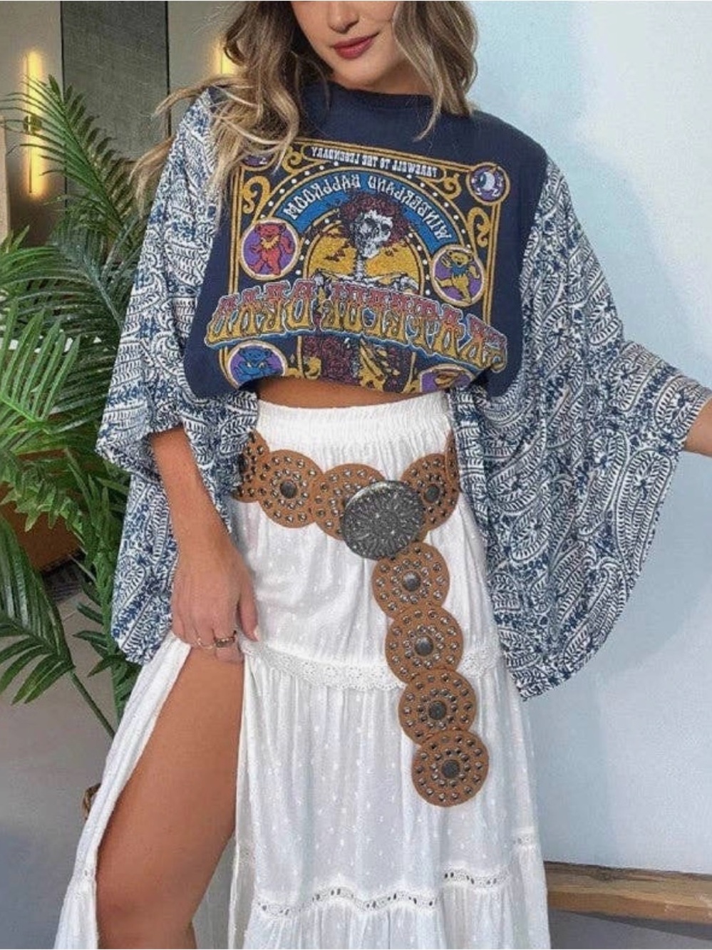 Navy Graphic Crop Top with Blue Paisley Kimono